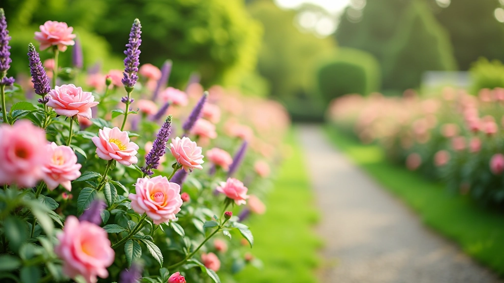 Flowering perennial border with roses and lavender in the walled garden