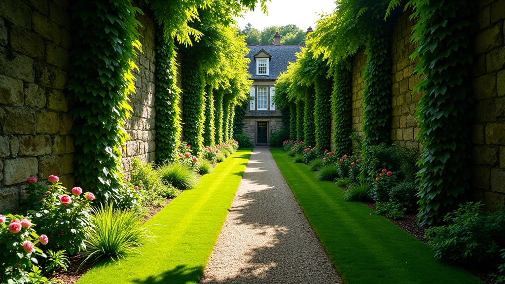 Walled garden with historic stonework and climbing plants