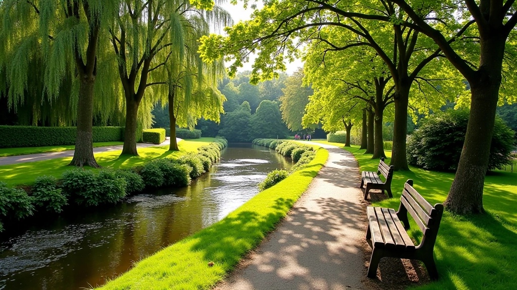 Scenic riverside walking path with seating areas at Lismore estate
