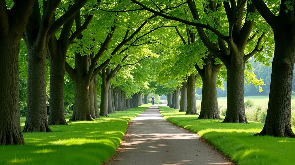 Riverside path with grass verges and mature trees creating a shaded canopy, person walking in distance