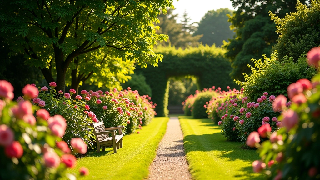 Lush summer garden with full green foliage, roses in bloom, and shaded seating areas beneath mature trees