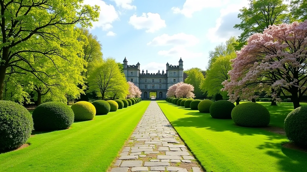 Wide view of Lismore Castle estate across green grounds