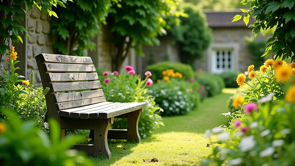 Peaceful garden bench nestled in flowering border with stone walls